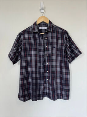 Burberry London Plaid Casual Button Down Short Sleeve Shirt Navy Red Tartan